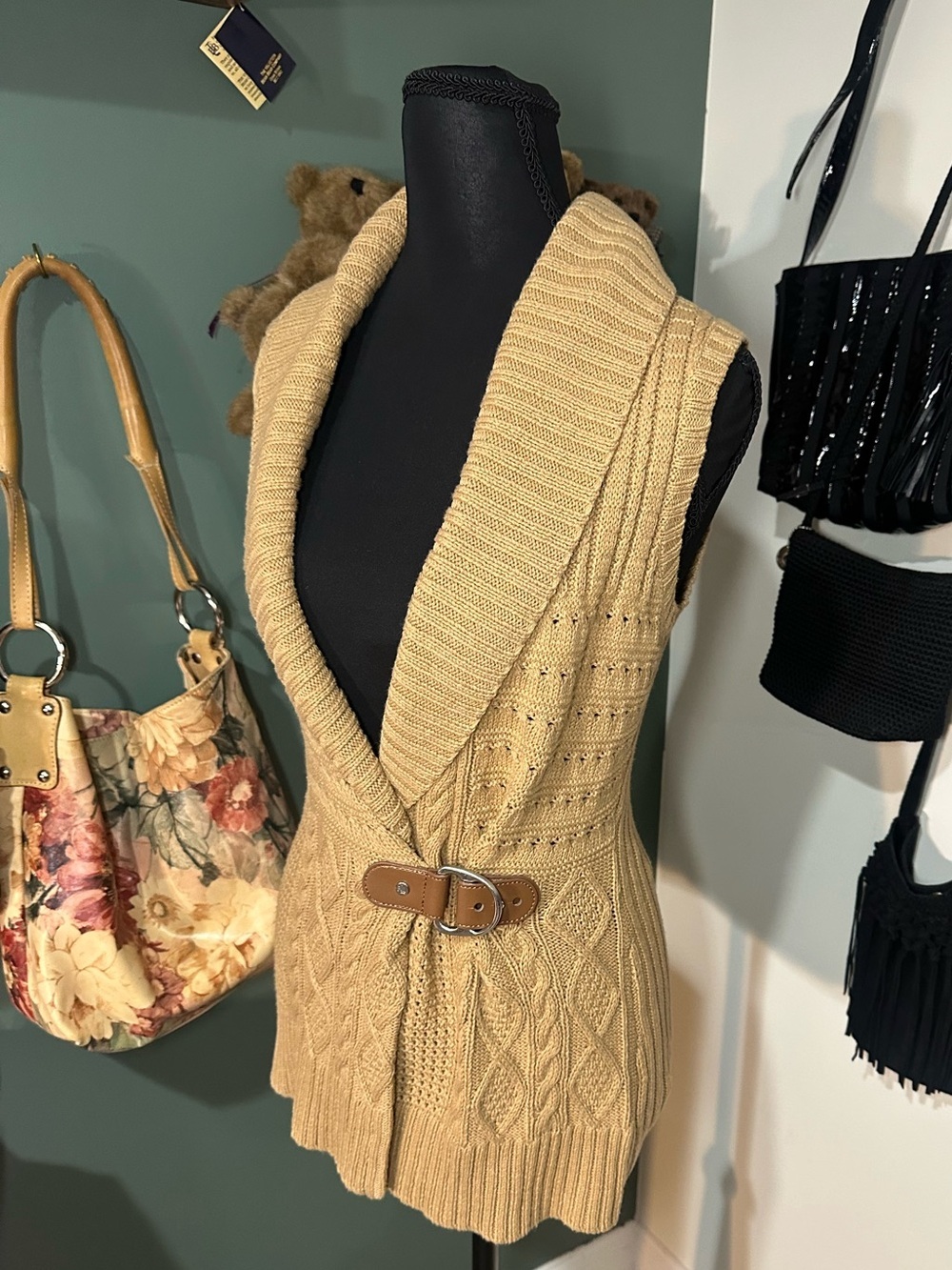Lauren Ralph Lauren Cable Knit Belted Sweater Vest Tan Petite PXS Equestrian